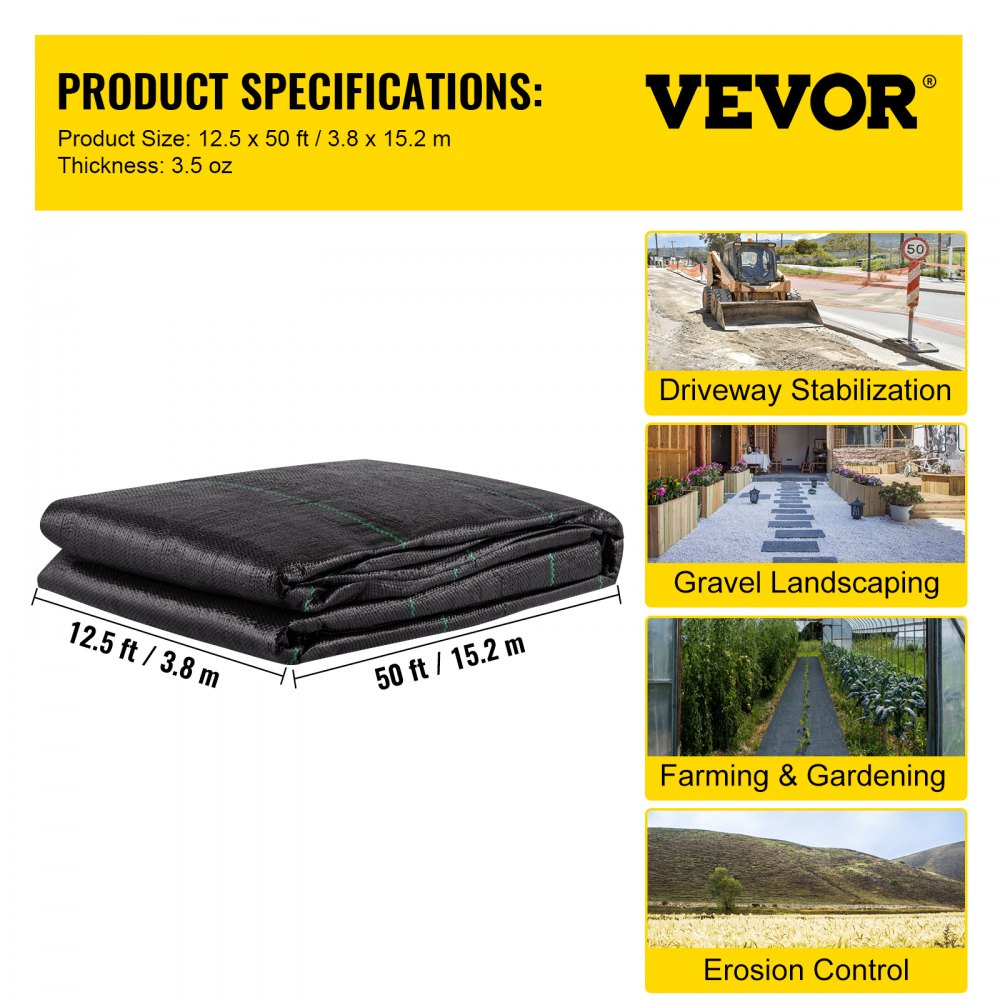 VEVOR Geotextile Fabric, 12.5 x 50 ft 3.5oz Woven PP Driveway Drain Cloth with 600lbs Tensile Strength, Heavy Duty Underlayment for Soil Stabilization, Landscaping, Weed Barrier, 12.5FT50FT-3.5OZ, Bla