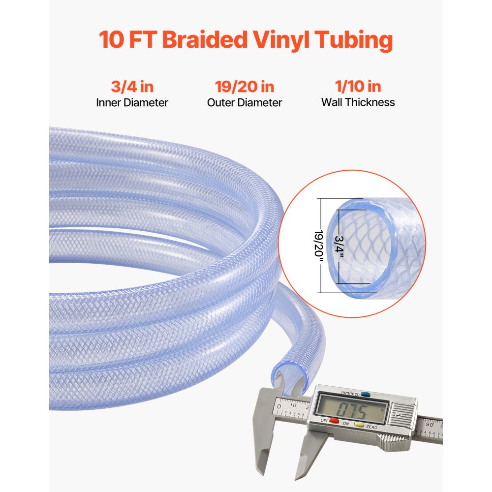 VEVOR Braided Clear Vinyl Tubing, 3/4" ID x 19/20" OD, 10FT Plastic PVC Tubing, Flexible and Cuttable Clear Hose, 1/10 in Wall Thickness, High-strength PVC Material for Aquarium Irrigation Swimming