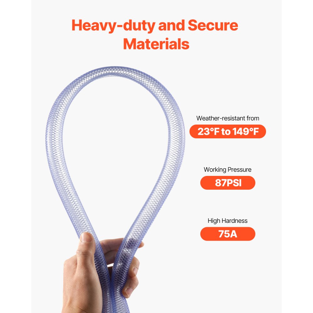 VEVOR Braided Clear Vinyl Tubing, 3/4" ID x 19/20" OD, 10FT Plastic PVC Tubing, Flexible and Cuttable Clear Hose, 1/10 in Wall Thickness, High-strength PVC Material for Aquarium Irrigation Swimming