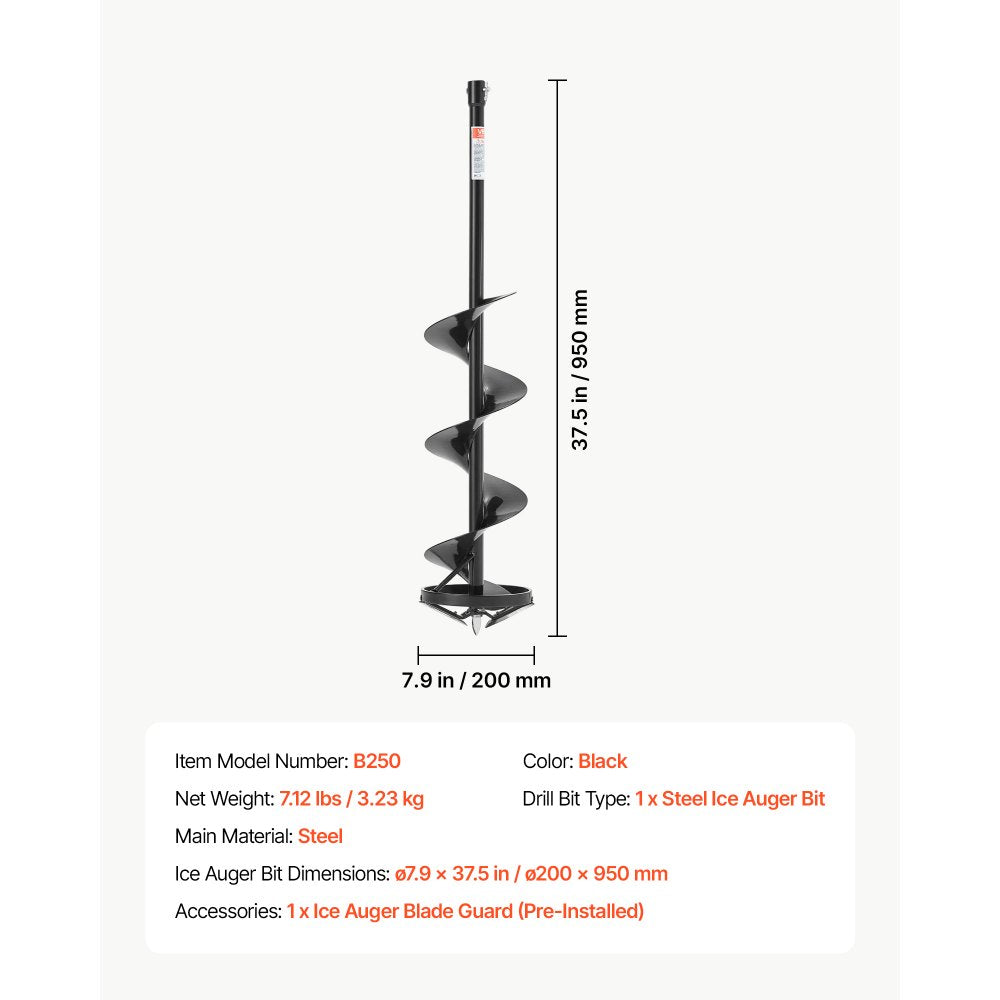 VEVOR Ice Auger Bit 8" Diameter 37.5" Length High-Strength Steel Drill Bit, for Ice Fishing, Cold-Resistant, Cordless Drill Attachment with Blade Guard, Compatible with Electric/Gas Powered Augers