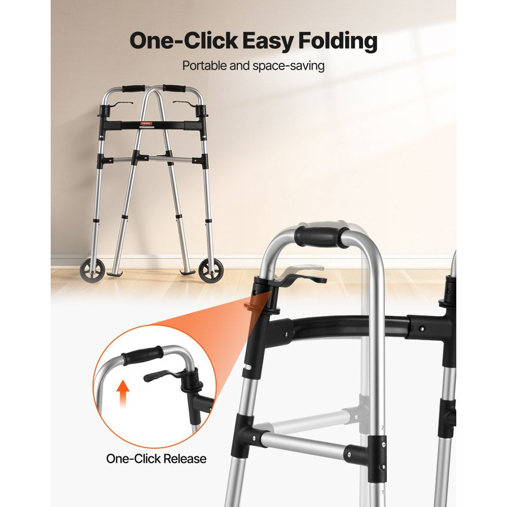 VEVOR Folding Walker, 2-Button Foldable Walker with 5" Wheels & 8-Level Adjustable Height, 350LBS Loading Lightweight Aluminum Mobility Walking Aid, Front-Wheeled Rolling Walkers for Seniors Adults