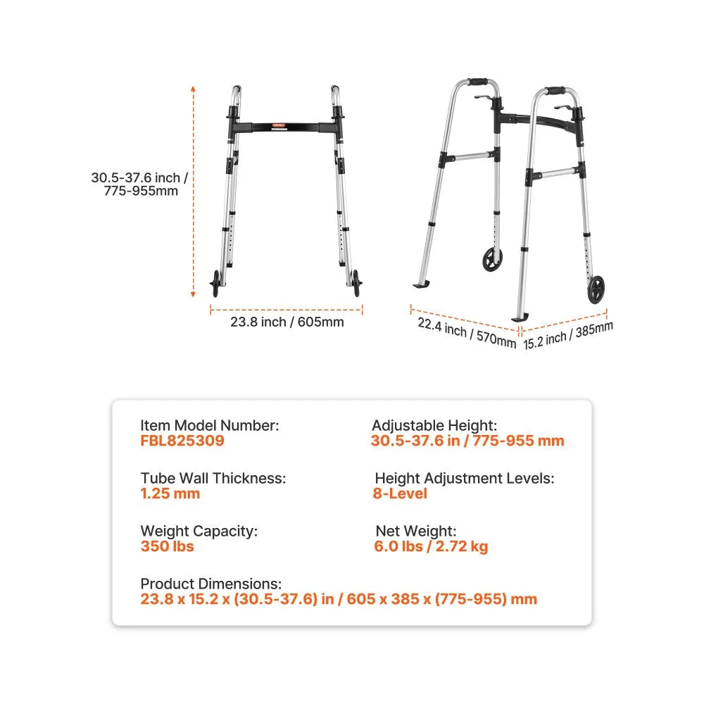 VEVOR Folding Walker, 2-Button Foldable Walker with 5" Wheels & 8-Level Adjustable Height, 350LBS Loading Lightweight Aluminum Mobility Walking Aid, Front-Wheeled Rolling Walkers for Seniors Adults