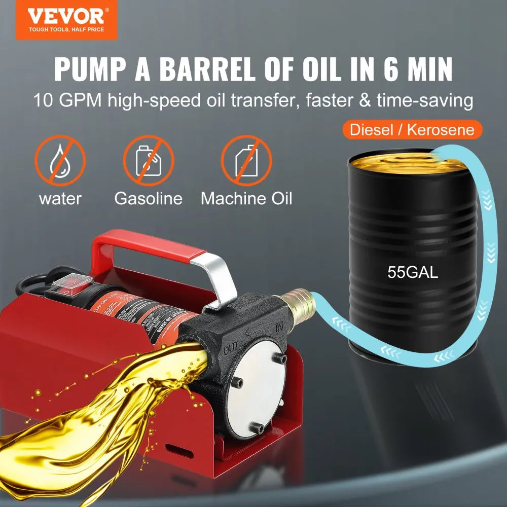 VEVOR Diesel Fuel Transfer Pump Kit  12V 10 GPM DC with Automatic Shut-off Nozzle Hose, Portable Electric Self-Priming Fuel Transfer Extractor Pump Kit  for Diesel, Kerosene, Machine, Transformer Oil