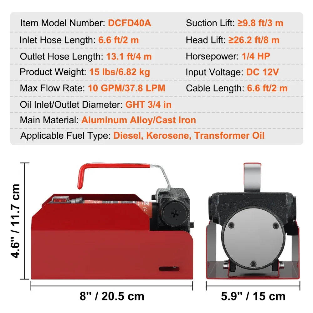VEVOR Diesel Fuel Transfer Pump Kit  12V 10 GPM DC with Automatic Shut-off Nozzle Hose, Portable Electric Self-Priming Fuel Transfer Extractor Pump Kit  for Diesel, Kerosene, Machine, Transformer Oil