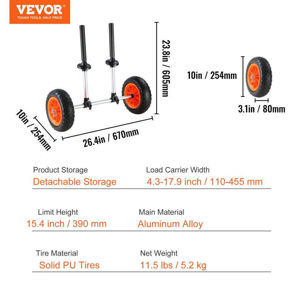VEVOR Heavy Duty Kayak Cart, 280lbs Load Capacity, Detachable Canoe Trolley Cart with 10'' Solid Tires, Adjustable Width & Top Foam Protection, for Kayaks with Drain Holes of 2.54 cm and Above