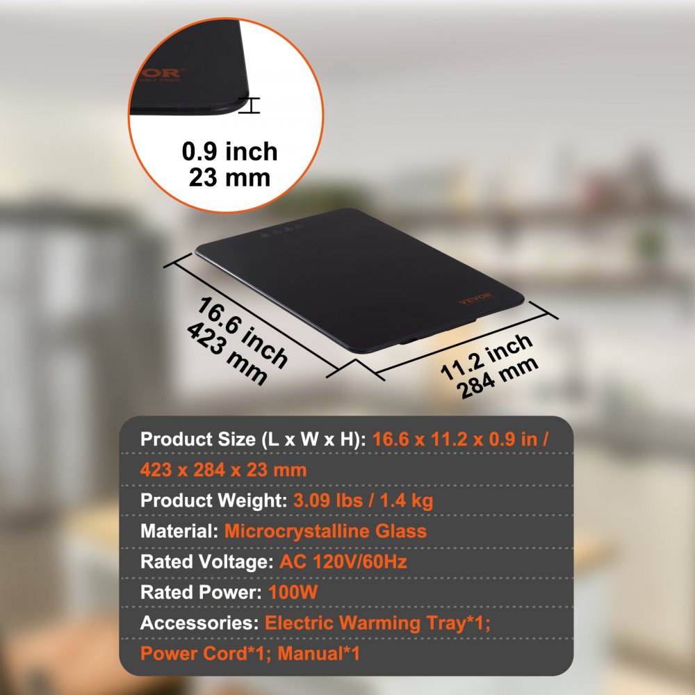VEVOR Electric Warming Tray, 16.5" x 11" Portable Tempered Glass Heating Tray with Temperature Range (65-90℃), Perfect for Dinner, Catering, House, Parties, Events, Entertaining and Holiday, Black