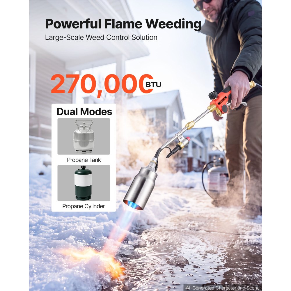 VEVOR Propane Torch Weed Burner 37" 270,000 BTU Output with 12.5 ft Hose, for Garden Road Ice Snow Melting, Adjustable Flame, Heavy Duty Blow Torch with Turbo Trigger & Self Igniter, Flamethrower