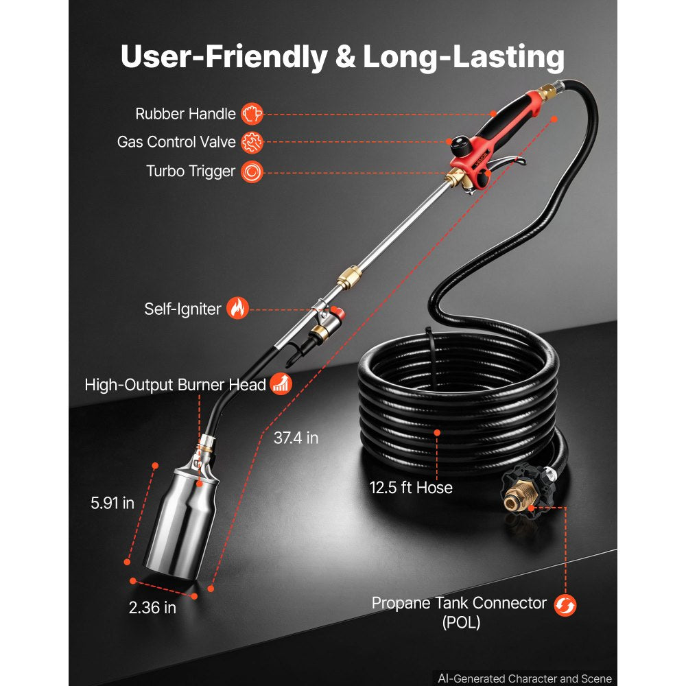 VEVOR Propane Torch Weed Burner 37" 270,000 BTU Output with 12.5 ft Hose, for Garden Road Ice Snow Melting, Adjustable Flame, Heavy Duty Blow Torch with Turbo Trigger & Self Igniter, Flamethrower