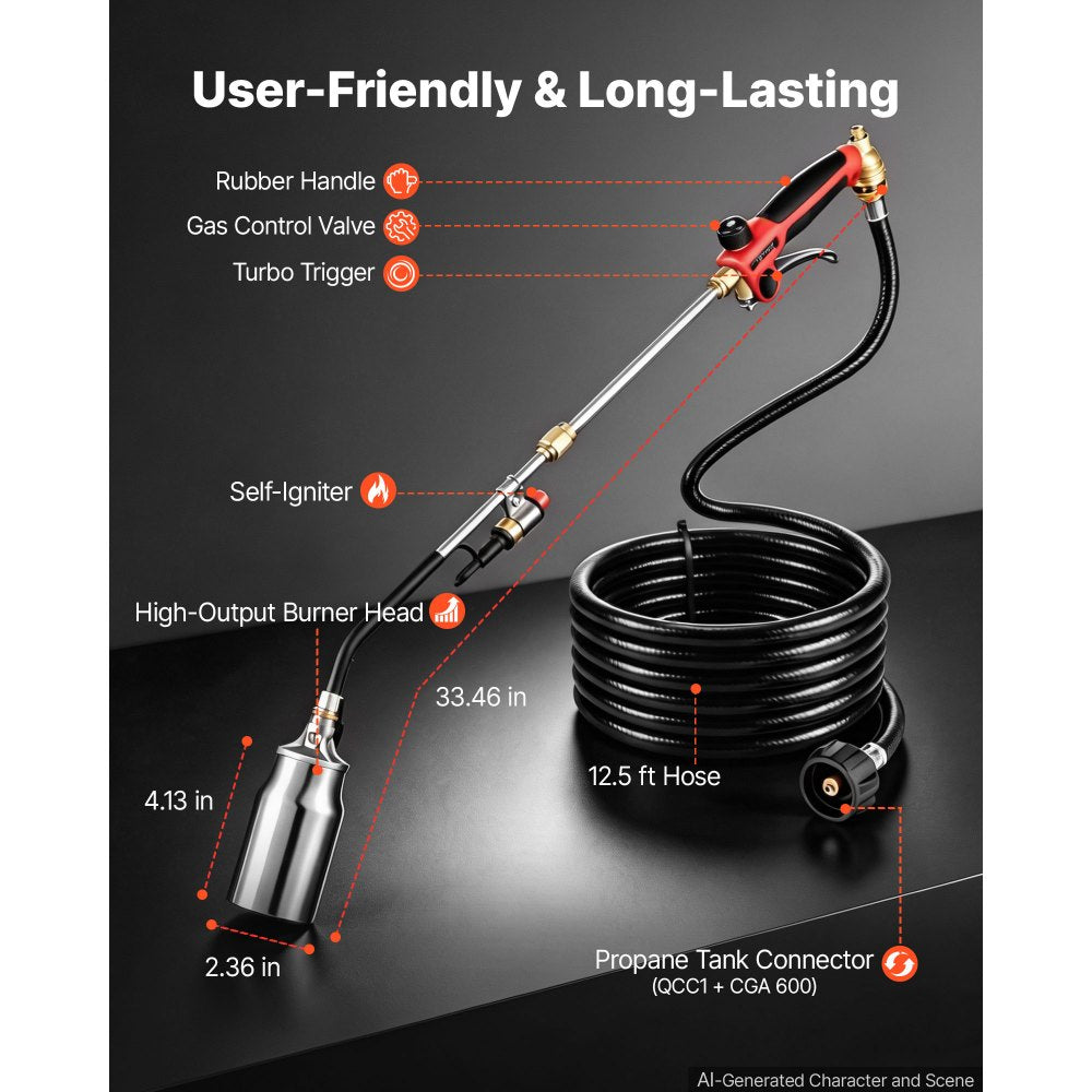 VEVOR Propane Torch Weed Burner 34" 270,000 BTU Output with 12.5 ft Hose, for Garden Road Ice Snow Melting, Adjustable Flame, Heavy Duty Blow Torch with Turbo Trigger & Self Igniter, Flamethrower