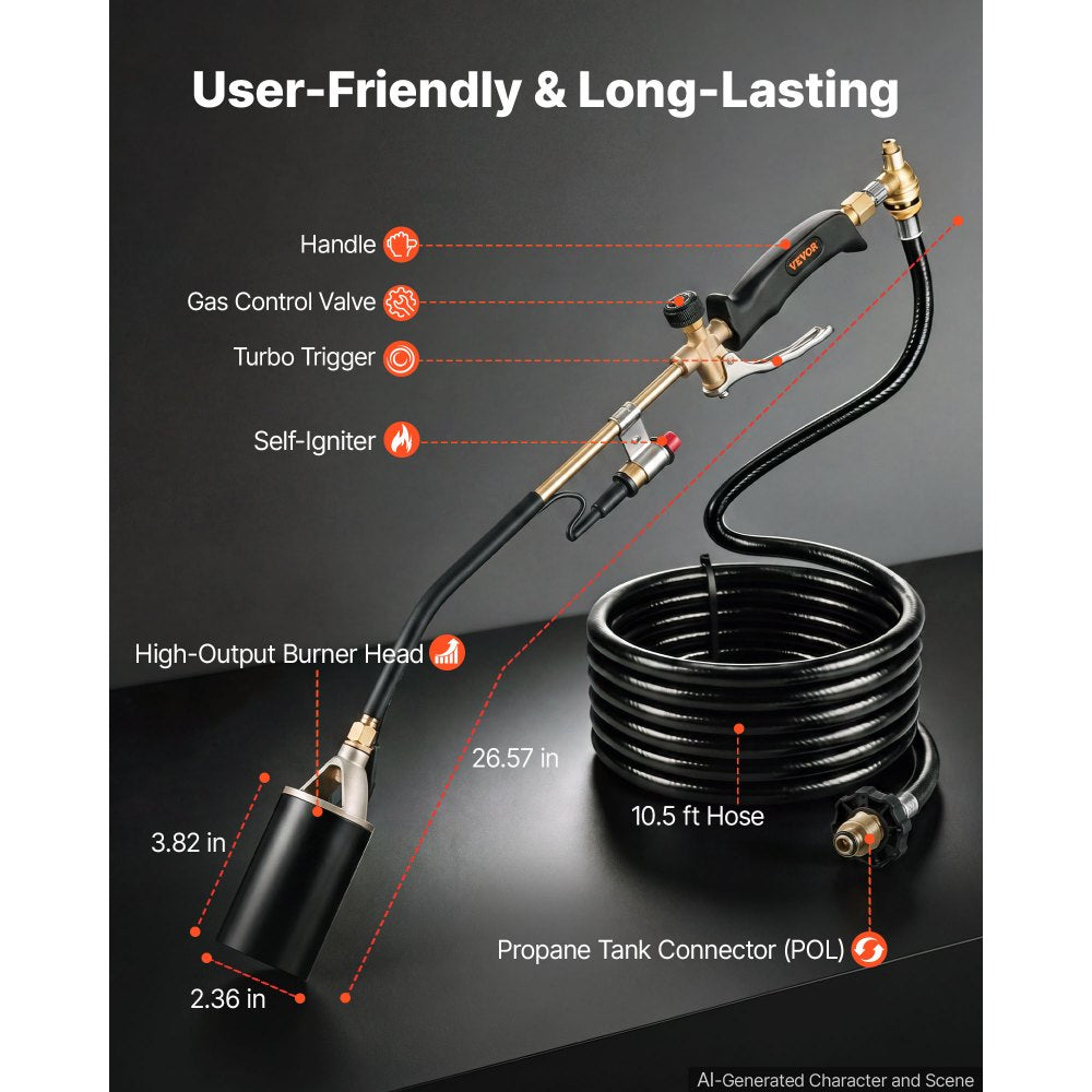 VEVOR Propane Torch Weed Burner 27" 340,000 BTU High Output with 10 ft Hose, for Garden Road Ice Snow Melting, Adjustable Flame, Heavy Duty Blow Torch with Turbo Trigger & Self Igniter, Flamethrower