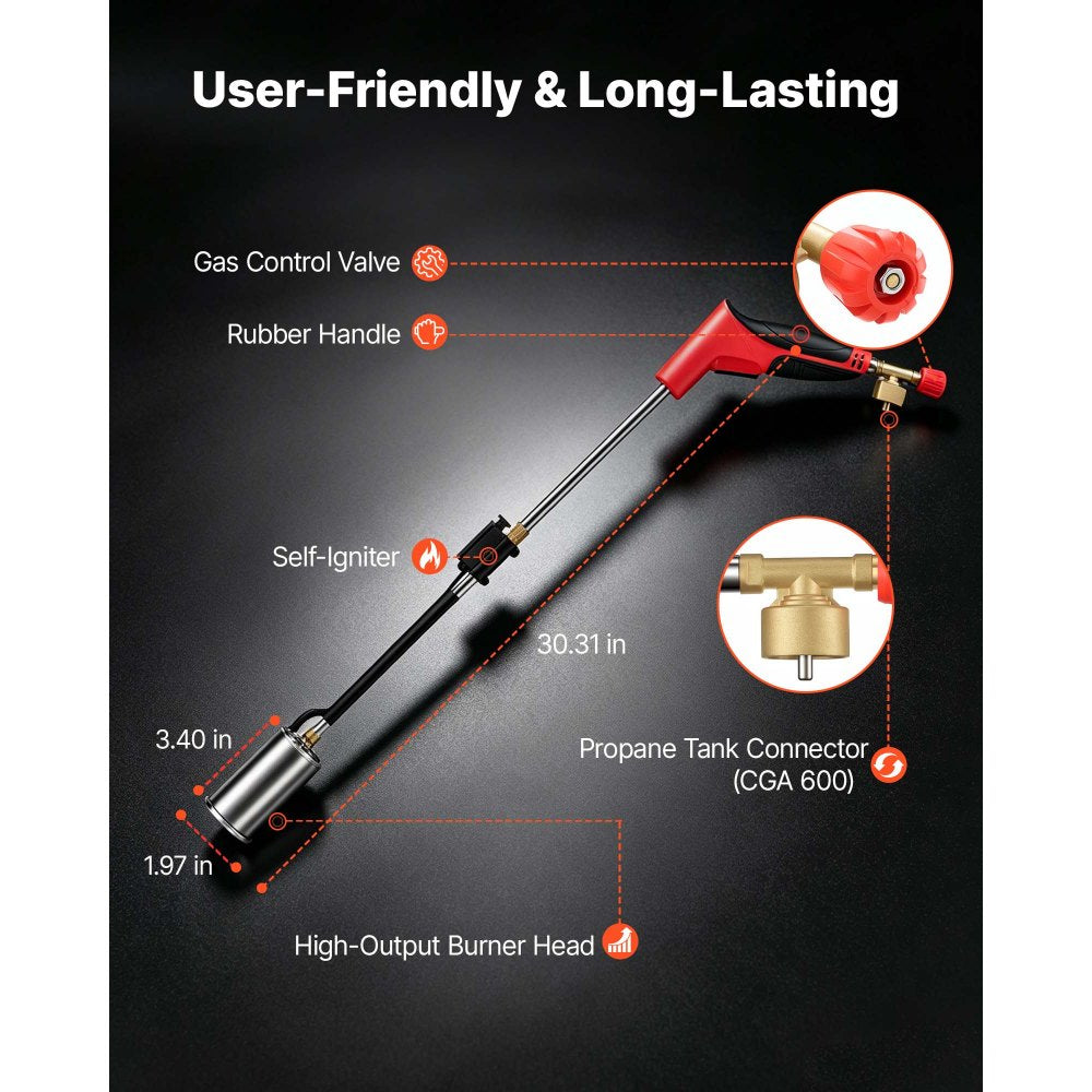 VEVOR Propane Torch Weed Burner 45,000 BTU High Output 30" Long Detachable, for Garden Weed Burning & Road Ice Snow Melting, Adjustable Flame, Heavy Duty Blow Torch with Self Igniter, Flamethrower