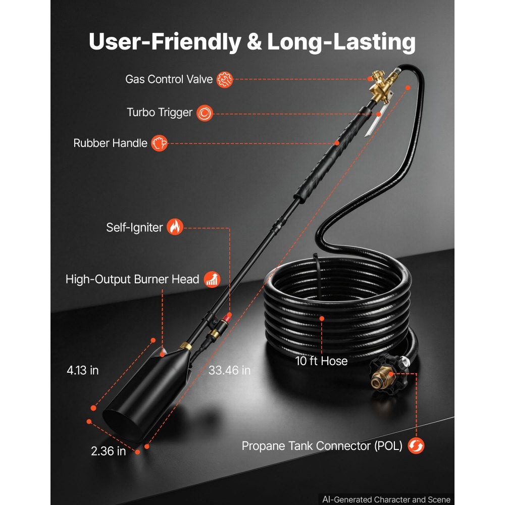 VEVOR Propane Torch Weed Burner 36" 600,000 BTU High Output with 10 ft Hose, for Garden Road Ice Snow Melting, Adjustable Flame, Heavy Duty Blow Torch with Turbo Trigger & Self Igniter, Flamethrower