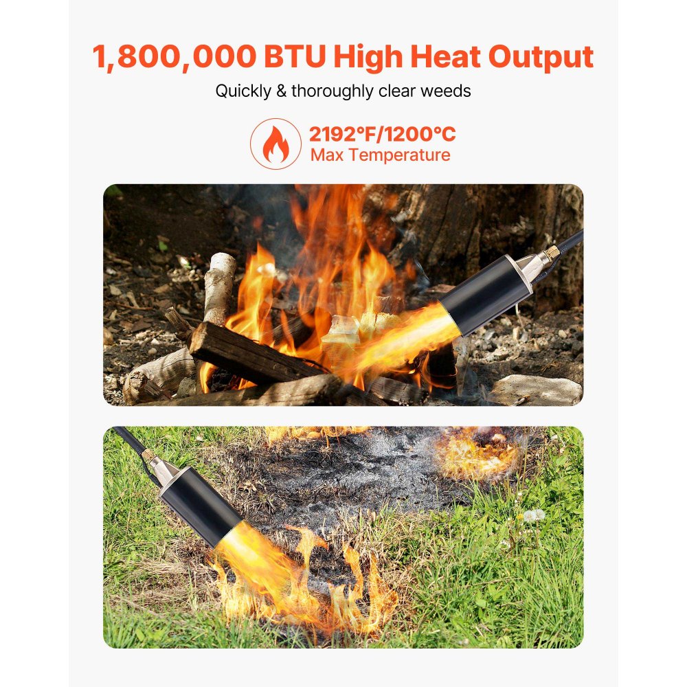 VEVOR Propane Torch Weed Burner, High Output 1,800,000 BTU with 10 ft Hose, Heavy Duty Blow Torch with Adjustable Flame & Turbo Trigger Push Button Auto Igniter, Flamethrower for Garden Ice Snow Road