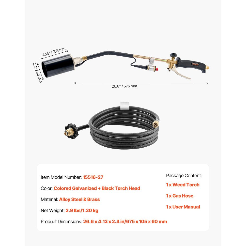 VEVOR Propane Torch Weed Burner, High Output 1,800,000 BTU with 10 ft Hose, Heavy Duty Blow Torch with Adjustable Flame & Turbo Trigger Push Button Auto Igniter, Flamethrower for Garden Ice Snow Road