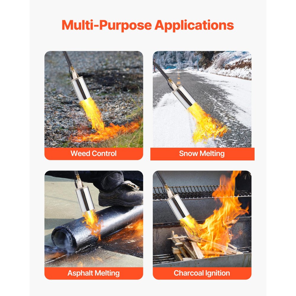 VEVOR Propane Torch Weed Burner, High Output 2,400,000 BTU with 10 ft Hose, Heavy Duty Blow Torch with Adjustable Flame and Turbo Trigger Push Button Igniter, Flamethrower Kit for Garden Ice Snow Road