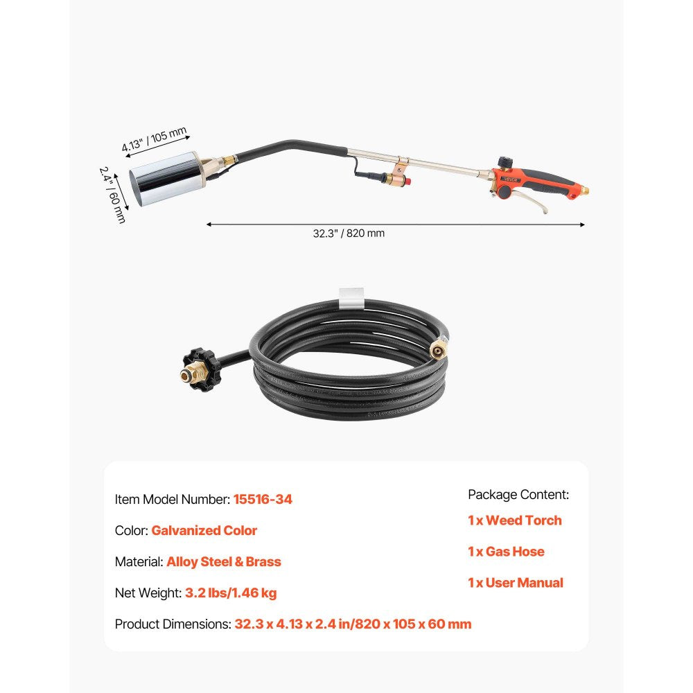 VEVOR Propane Torch Weed Burner, High Output 2,400,000 BTU with 10 ft Hose, Heavy Duty Blow Torch with Adjustable Flame and Turbo Trigger Push Button Igniter, Flamethrower Kit for Garden Ice Snow Road