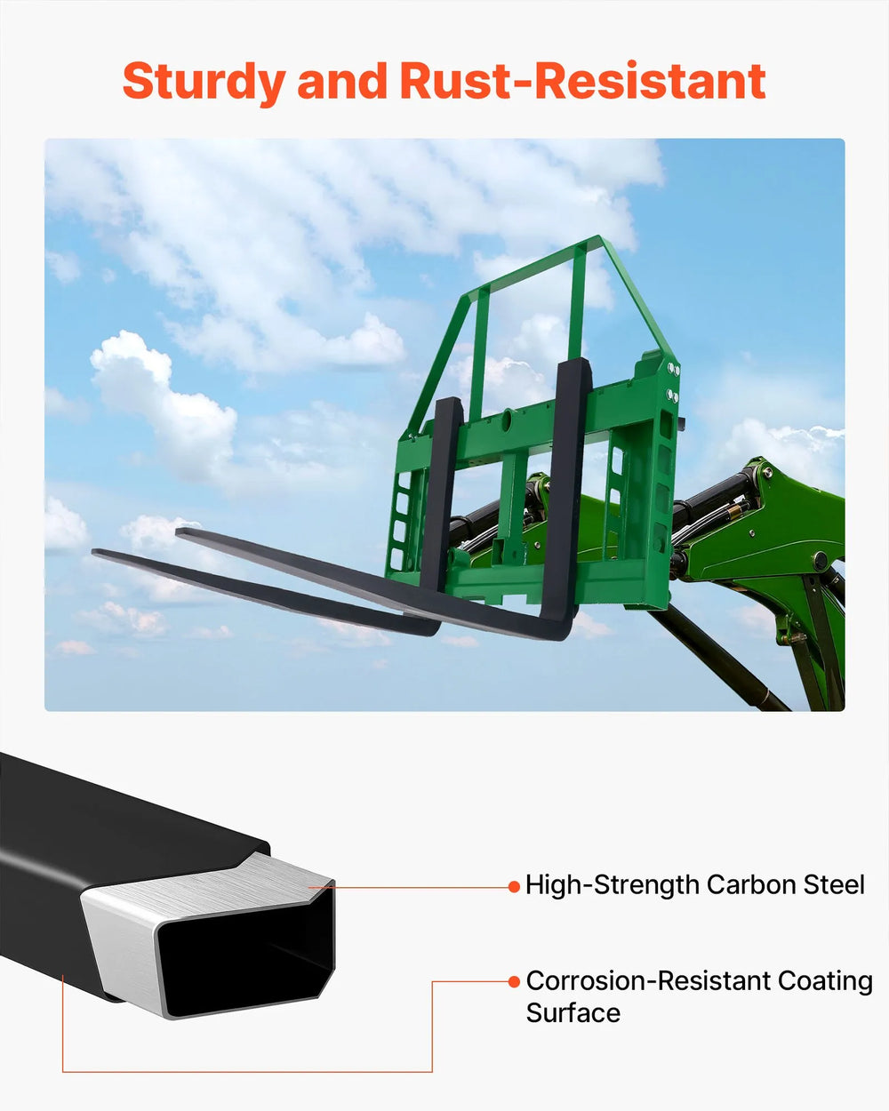 VEVOR pallet fork frame high-strength carbon steel and corrosion-resistant coating (infographic)