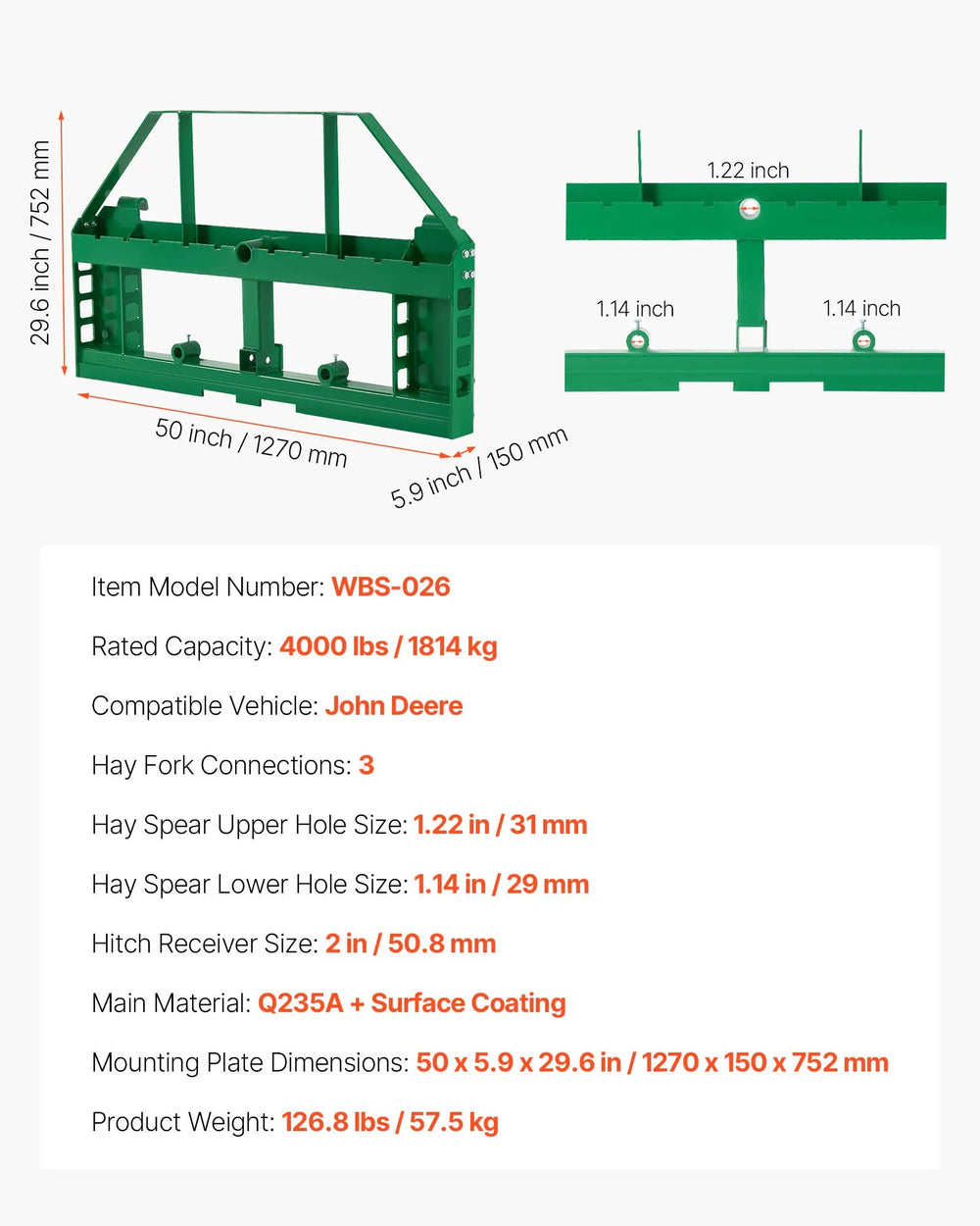 VEVOR WBS-026 pallet frame dimensions and specifications (infographic)
