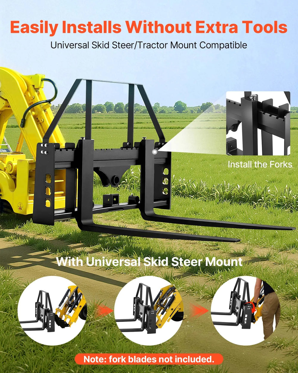 Easy installation with universal skid steer/tractor mount (graphic)