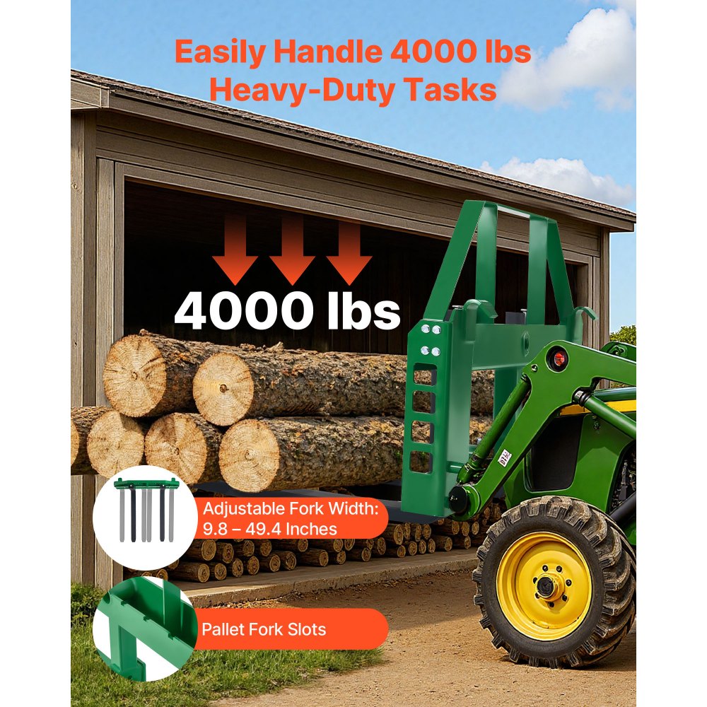 VEVOR Pallet Fork Frame Attachment with 48-inch Skid Steer Forks for JD Tractors