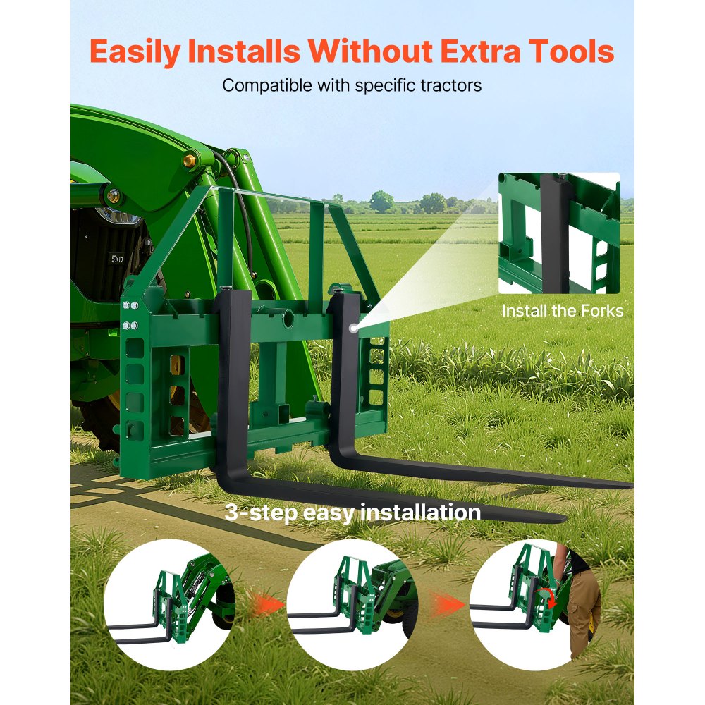 VEVOR Pallet Fork Frame Attachment with 48-inch Skid Steer Forks for JD Tractors