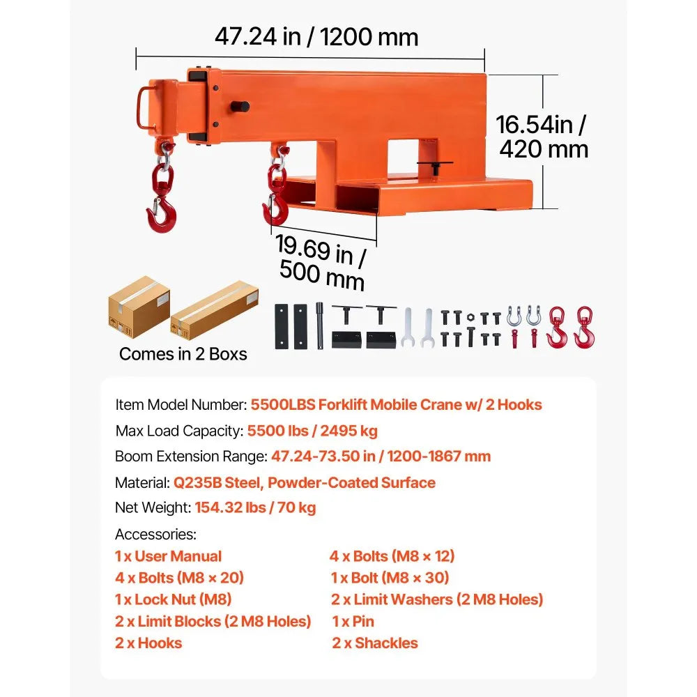 VEVOR Forklift Jib Boom Crane, 5500 lbs Capacity, Forklift Mobile Crane Lifting Hoist with 2 Hooks, Manual Telescopic 47.2-73.5 in, Boom Attachment Towing Handling Equipment for Warehouse & Factories