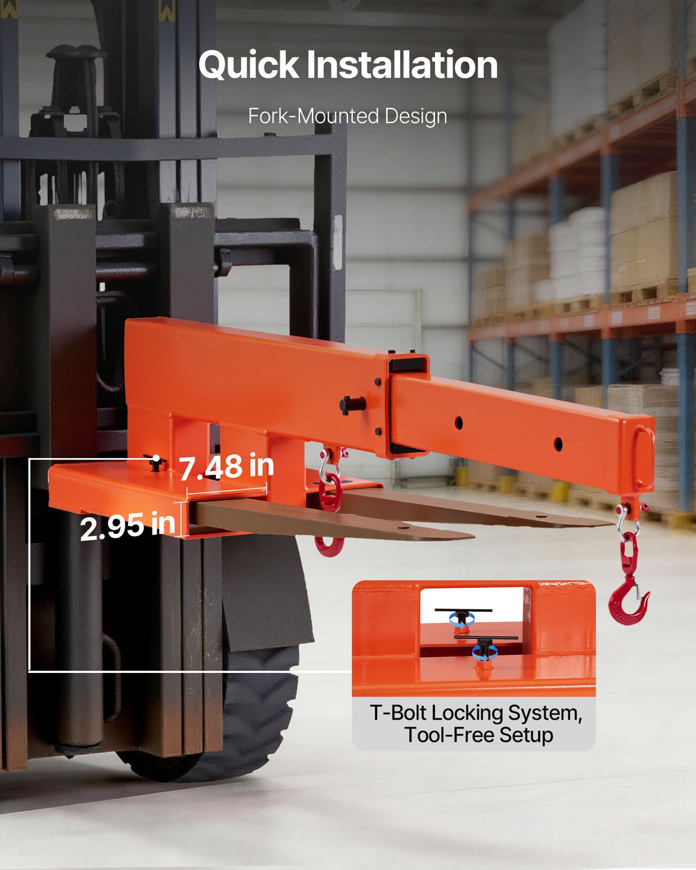 VEVOR Forklift Jib Boom Crane, 5500 lbs Capacity, Forklift Mobile Crane Lifting Hoist with 2 Hooks, Manual Telescopic 47.2-73.5 in, Boom Attachment Towing Handling Equipment for Warehouse & Factories