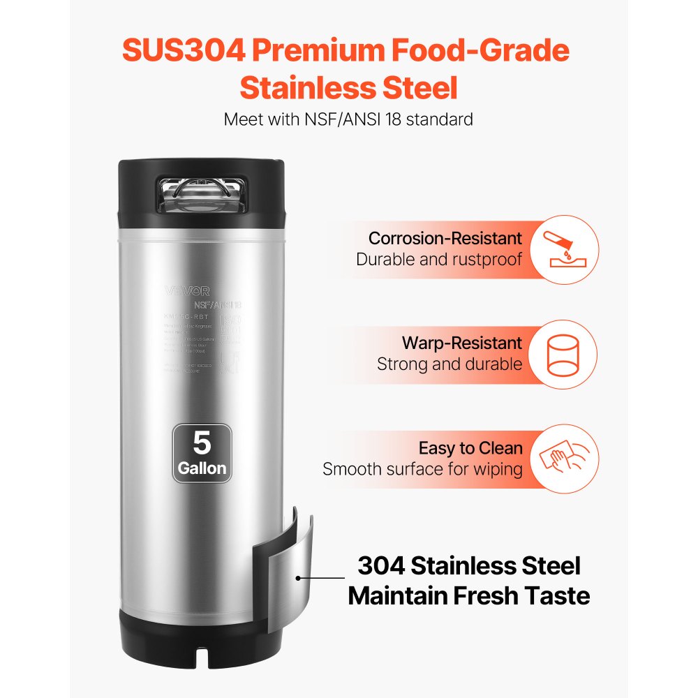 VEVOR Corny Keg, 5 Gallon Ball Lock Keg, SUS304 Cold Brew Kegs with Dual Rubber Handles & Heavy-Duty Rubber Bottom, Brewing Equipment for Home Brewing Party, 1 PCS