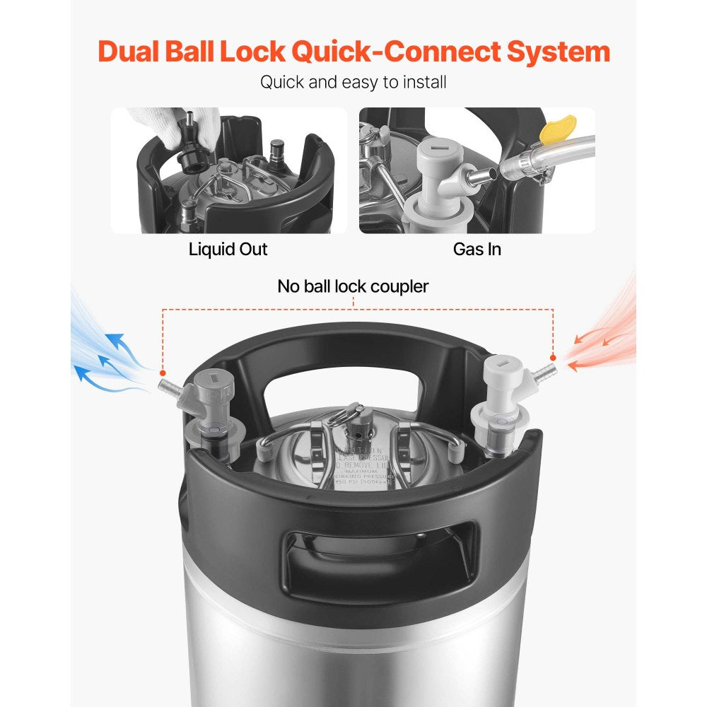 VEVOR Corny Keg, 5 Gallon Ball Lock Keg, SUS304 Cold Brew Kegs with Dual Rubber Handles & Heavy-Duty Rubber Bottom, Brewing Equipment for Home Brewing Party, 1 PCS