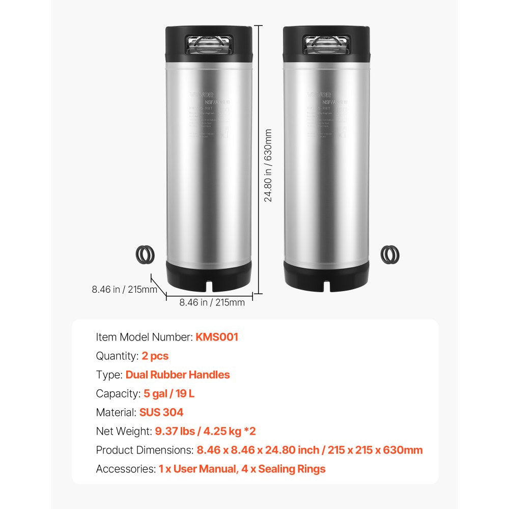 VEVOR Corny Keg, 5 Gallon Ball Lock Keg, SUS304 Cold Brew Kegs with Dual Rubber Handles & Heavy-Duty Rubber Bottom, Brewing Equipment for Home Brewing Party, 2 PCS