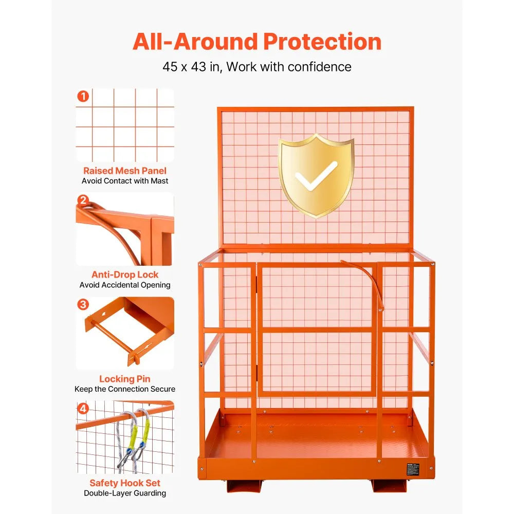 VEVOR Forklift Safety Cage, 48.2 x 45.2 Inch, Heavy Duty Forklift Man Basket, 1400 lbs Capacity Collapsible Work Platform Lift Basket with Safety Harness & Lock, for Most Aerial Jobs Lifting Loader