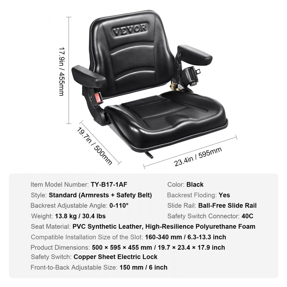VEVOR Universal Forklift Seat, Fold Down Tractor Seat with Adjustable Angle Back, Micro Switch, Seatbelt and Armrests, 6.3-13.4 inch Slot Tractor Seat for Tractor Loader Excavator