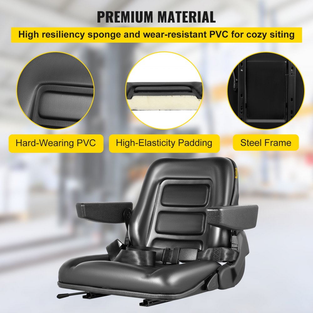 VEVOR Universal Forklift Seat Black PVC Tractor Seat, 6\"/150MM Adjustable Mower Seat Foldable Seat Including Armrests, Seat Belt, Seat Switch, Skid Steer Seat Fit Forklift, Tractor, Skid Loader