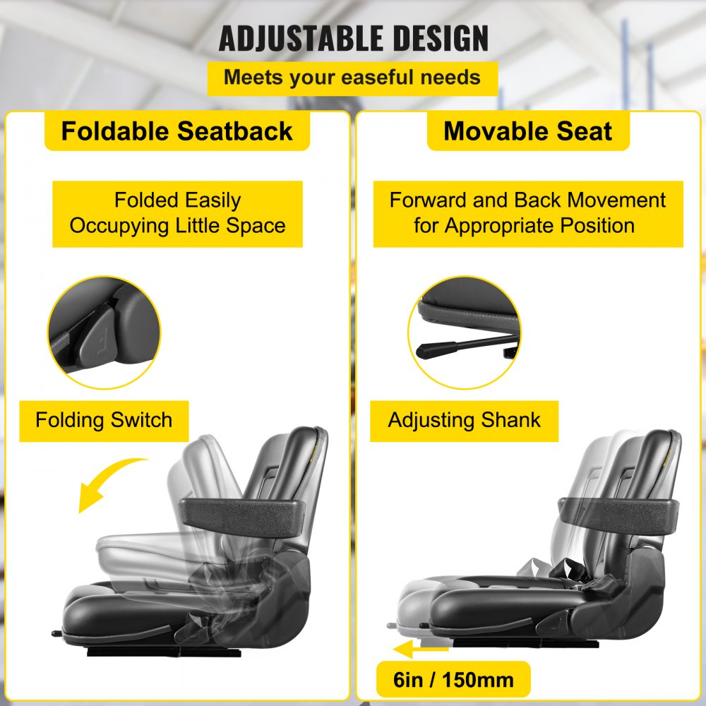 VEVOR Universal Forklift Seat Black PVC Tractor Seat, 6\"/150MM Adjustable Mower Seat Foldable Seat Including Armrests, Seat Belt, Seat Switch, Skid Steer Seat Fit Forklift, Tractor, Skid Loader