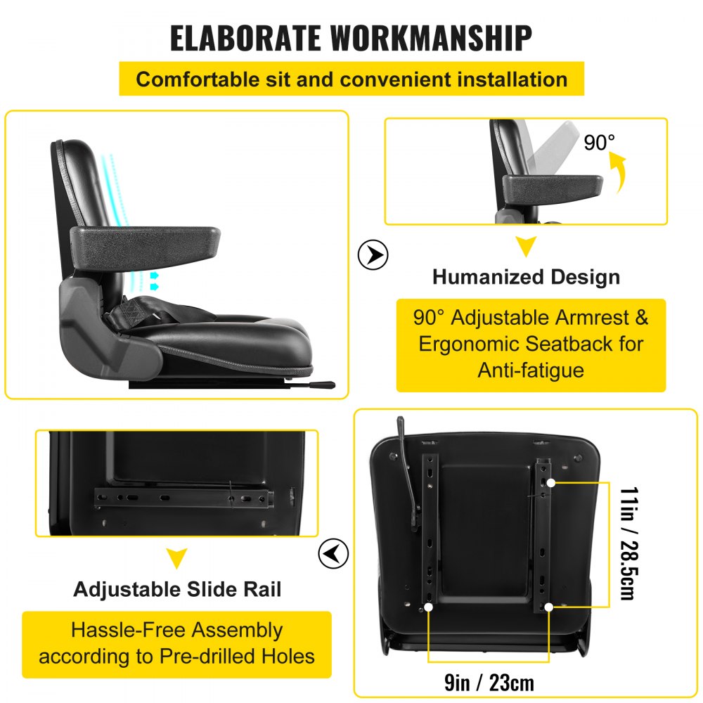 VEVOR Universal Forklift Seat Black PVC Tractor Seat, 6\"/150MM Adjustable Mower Seat Foldable Seat Including Armrests, Seat Belt, Seat Switch, Skid Steer Seat Fit Forklift, Tractor, Skid Loader