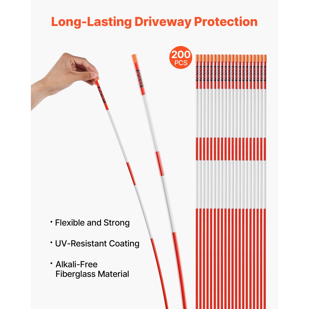 VEVOR Driveway Markers, 200Pcs 48 in Long 1/4 in Dia, Hi-Visibility Driveway Reflectors with 12 in Steel Drill Bits, Reflective Snow Sticks Fiberglass Pole for Parking Lots, Walkways, Snow Plowing