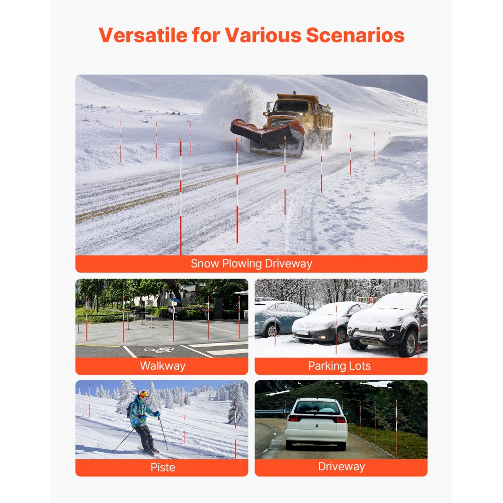 VEVOR Driveway Markers, 200Pcs 48 in Long 1/4 in Dia, Hi-Visibility Driveway Reflectors with 12 in Steel Drill Bits, Reflective Snow Sticks Fiberglass Pole for Parking Lots, Walkways, Snow Plowing