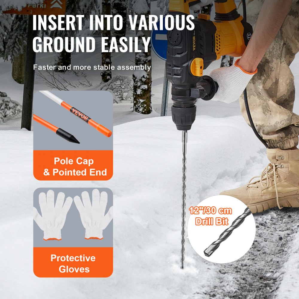 VEVOR Driveway Markers, 100 PCS 48 inch, 0.31 inch Diameter, Orange Fiberglass Poles Snow Stakes with Reflective Tape, 12" Steel Drill Bit & Protection Gloves for Parking Lots, Walkways Easy Visibility