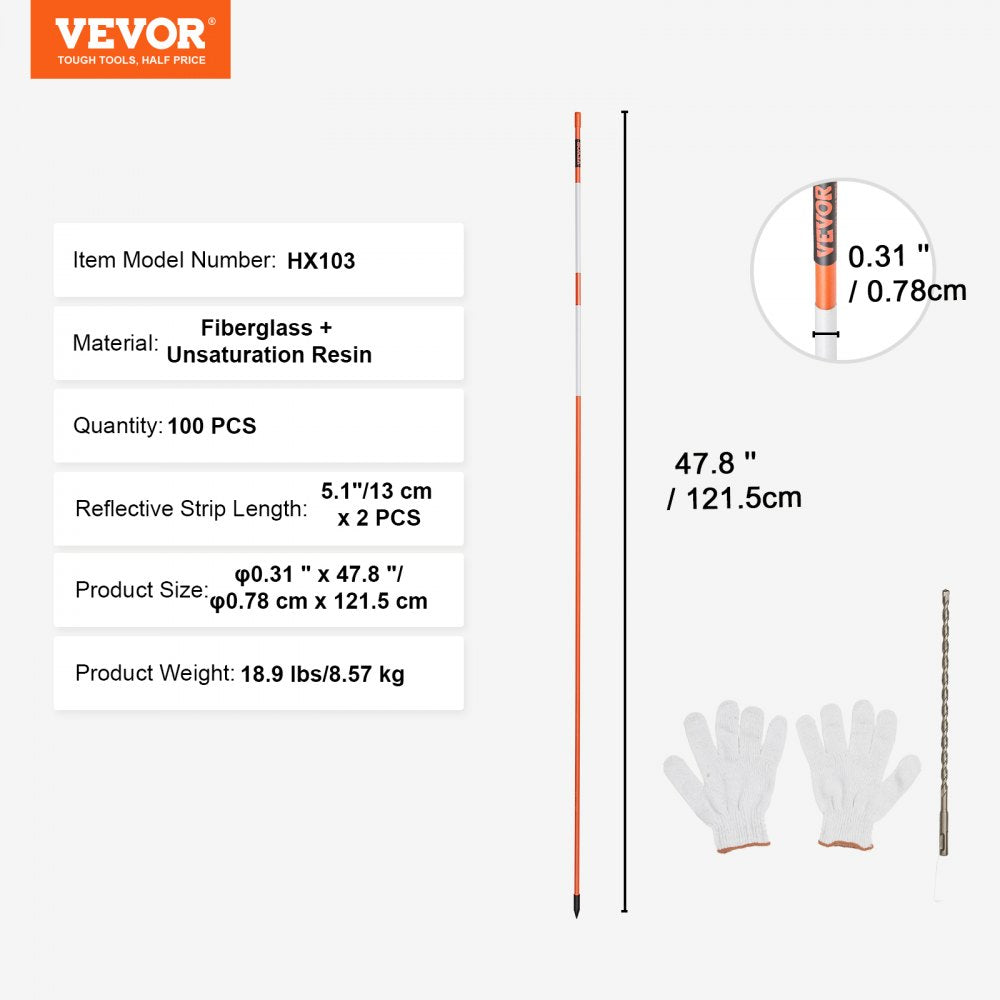 VEVOR Driveway Markers, 100 PCS 48 inch, 0.31 inch Diameter, Orange Fiberglass Poles Snow Stakes with Reflective Tape, 12" Steel Drill Bit & Protection Gloves for Parking Lots, Walkways Easy Visibility