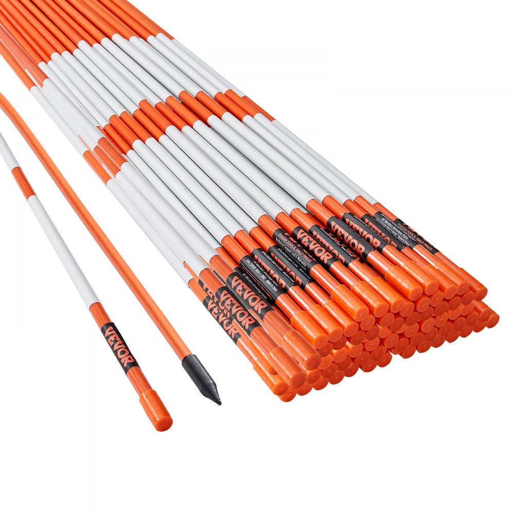 VEVOR Driveway Markers, 100 PCS 48 inch, 0.31 inch Diameter, Orange Fiberglass Poles Snow Stakes with Reflective Tape, 12" Steel Drill Bit & Protection Gloves for Parking Lots, Walkways Easy Visibility