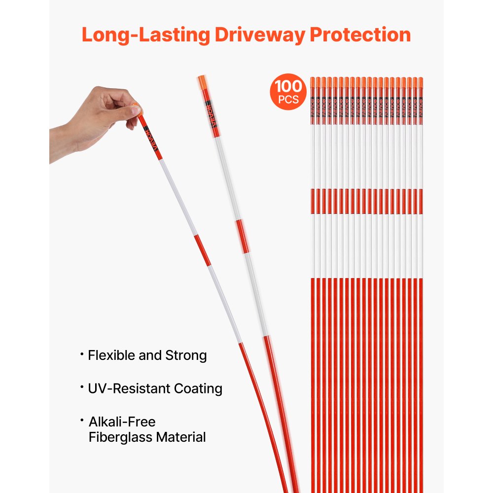 VEVOR Driveway Markers, 100Pcs 72 in Long 5/16 in Dia, Hi-Visibility Driveway Reflectors with 12 in Steel Drill Bits, Reflective Snow Sticks Fiberglass Pole for Parking Lots, Walkways, Snow Plowing