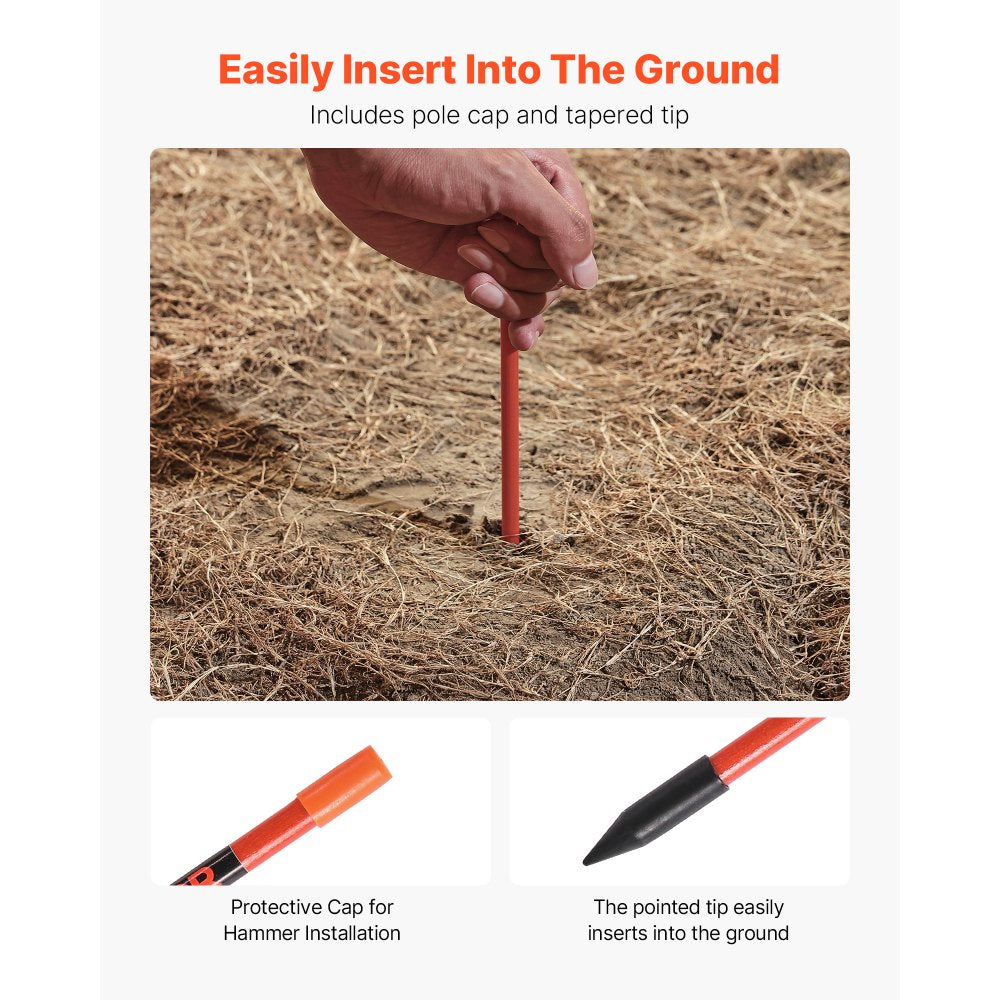 VEVOR Driveway Markers, 100Pcs 72 in Long 5/16 in Dia, Hi-Visibility Driveway Reflectors with 12 in Steel Drill Bits, Reflective Snow Sticks Fiberglass Pole for Parking Lots, Walkways, Snow Plowing