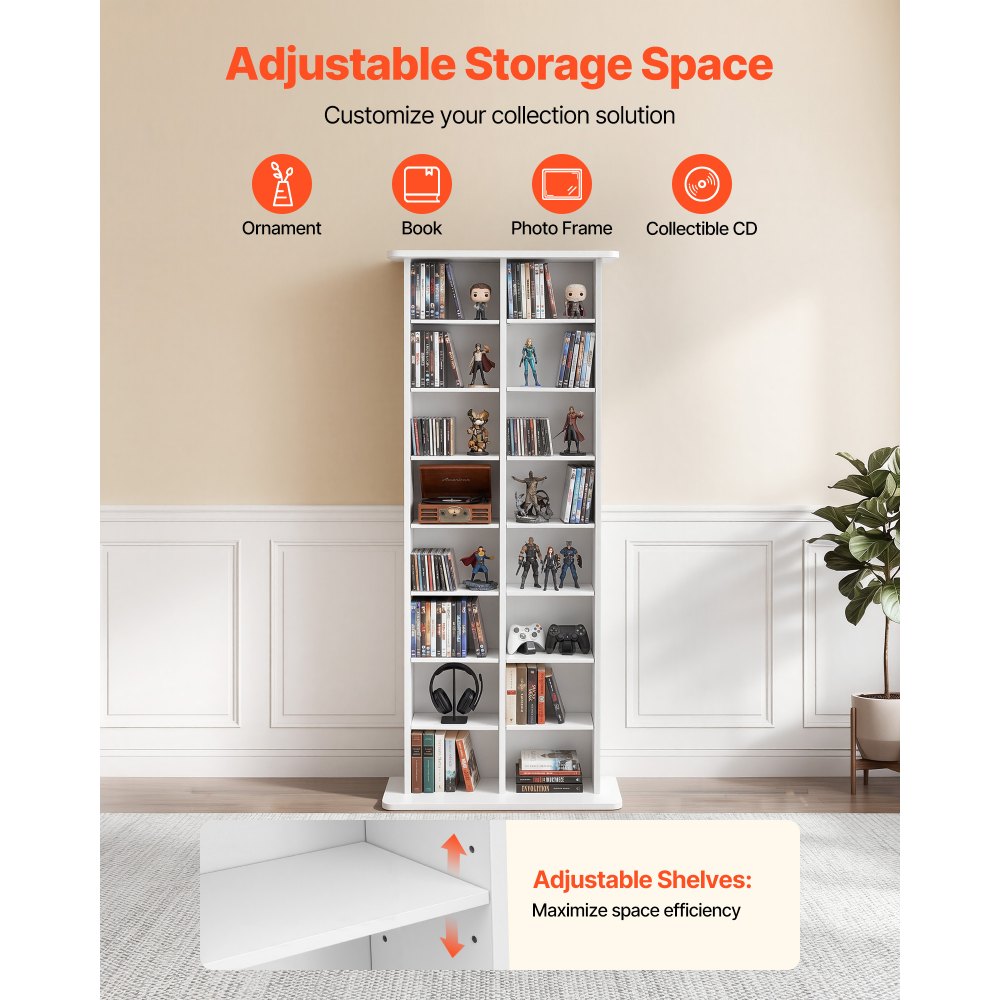 VEVOR Media Storage Cabinet, 8-Tier DVD Shelf Organizer, 22.01 x 8.74 x 50.98 in Multimedia Storage Organizer for CDs, DVDs, Books & Games, CD Shelf for Living Room, Home Office, Recording Room, White