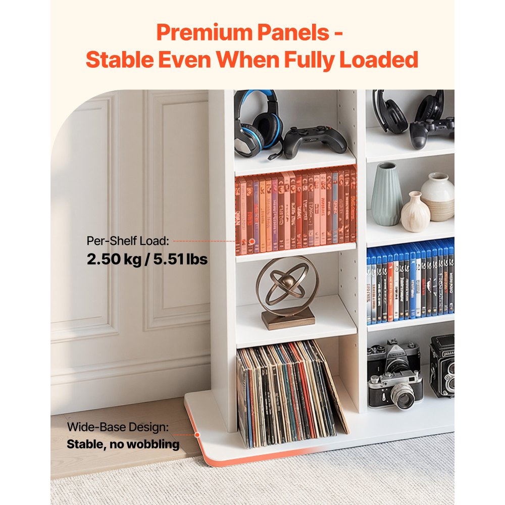 VEVOR Media Storage Cabinet, 8-Tier DVD Shelf Organizer, 22.01 x 8.74 x 50.98 in Multimedia Storage Organizer for CDs, DVDs, Books & Games, CD Shelf for Living Room, Home Office, Recording Room, White