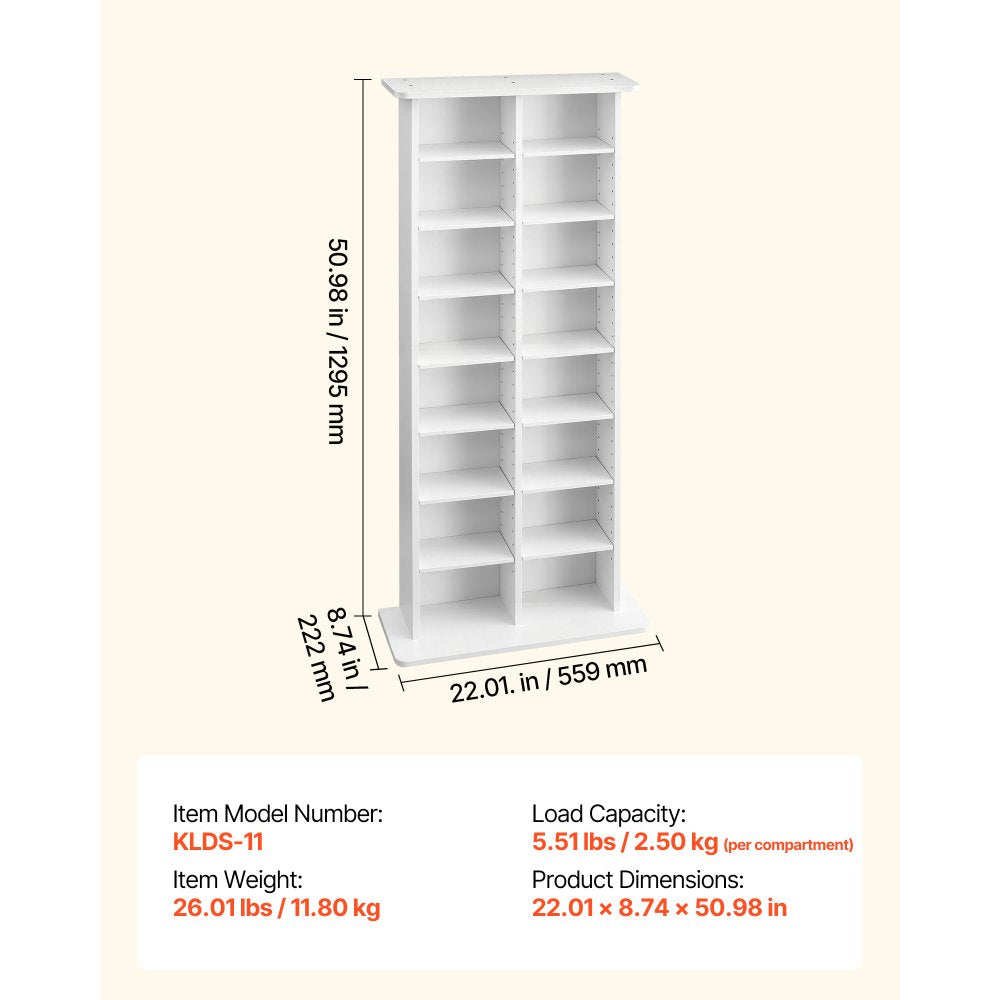 VEVOR Media Storage Cabinet, 8-Tier DVD Shelf Organizer, 22.01 x 8.74 x 50.98 in Multimedia Storage Organizer for CDs, DVDs, Books & Games, CD Shelf for Living Room, Home Office, Recording Room, White