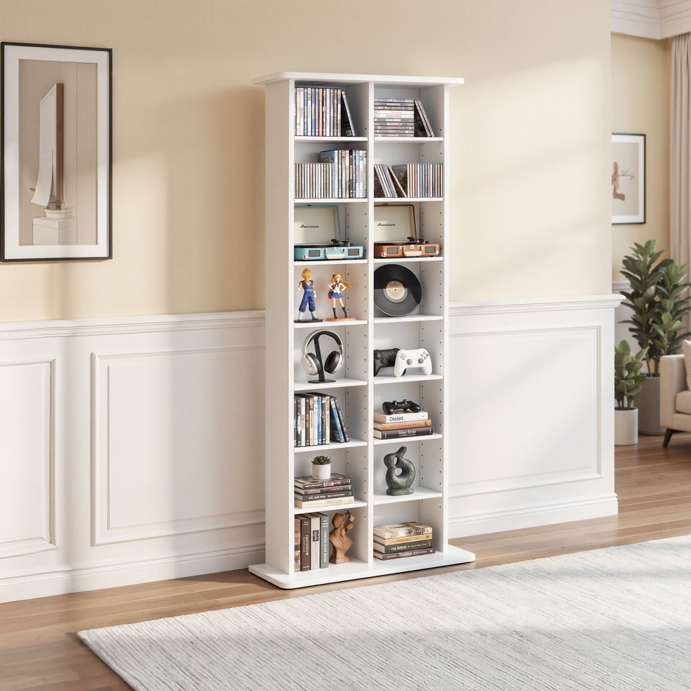 VEVOR Media Storage Cabinet, 8-Tier DVD Shelf Organizer, 22.01 x 8.74 x 50.98 in Multimedia Storage Organizer for CDs, DVDs, Books & Games, CD Shelf for Living Room, Home Office, Recording Room, White
