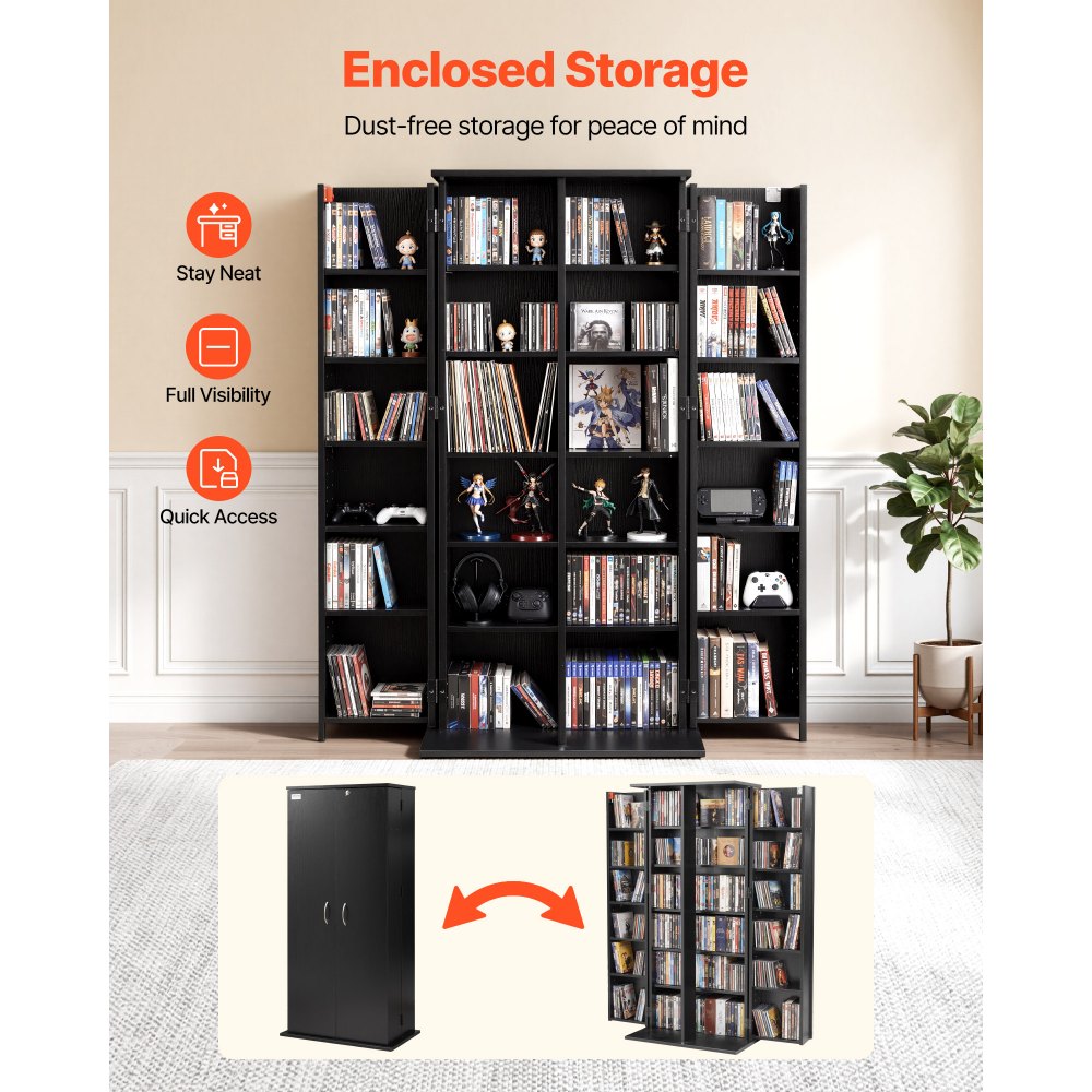 VEVOR Media Storage Cabinet, 6-Tier DVD Shelf Organizer, 24.02 x 14.49 x 50 in Multimedia Storage Organizer for CDs, DVDs, Books, Games, CD Shelf for Living Room, Home Office, Recording Room, Black
