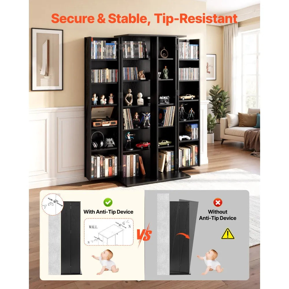 VEVOR Media Storage Cabinet, 6-Tier DVD Shelf Organizer, 24.02 x 14.49 x 50 in Multimedia Storage Organizer for CDs, DVDs, Books, Games, CD Shelf for Living Room, Home Office, Recording Room, Black