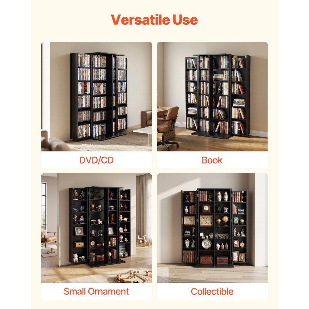 VEVOR Media Storage Cabinet, 6-Tier DVD Shelf Organizer, 24.02 x 14.49 x 50 in Multimedia Storage Organizer for CDs, DVDs, Books, Games, CD Shelf for Living Room, Home Office, Recording Room, Black