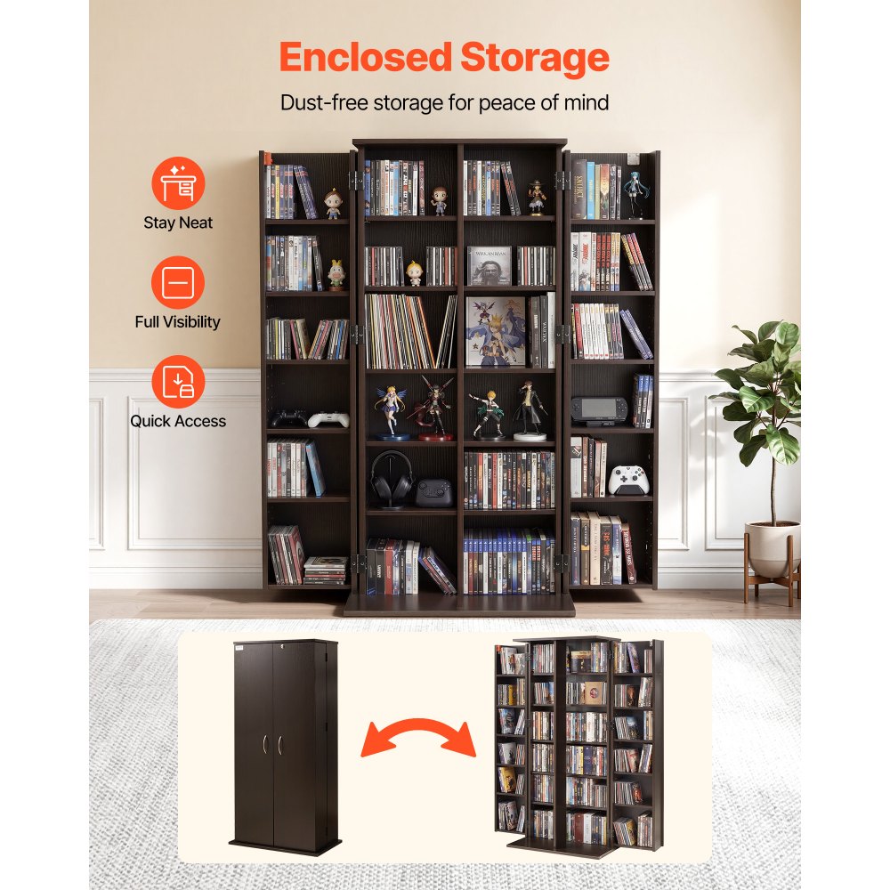 VEVOR Media Storage Cabinet, 6-Tier DVD Shelf Organizer, 24.02 x 14.49 x 50 in Multimedia Storage Organizer for CDs, DVDs, Books, Games, CD Shelf for Living Room, Home Office, Recording Room, Brown